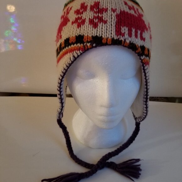 Toque Hat Lined Size Youth Large Unisex Knit with Moose Design and Braded Ties - Picture 2 of 9